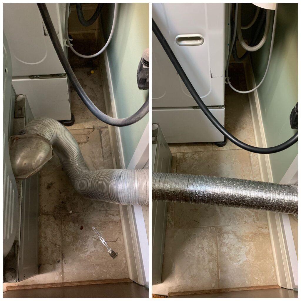 Before-and-after comparison of a dryer vent cleaning and hose replacement behind laundry machines. Dryer vent repair in Durham